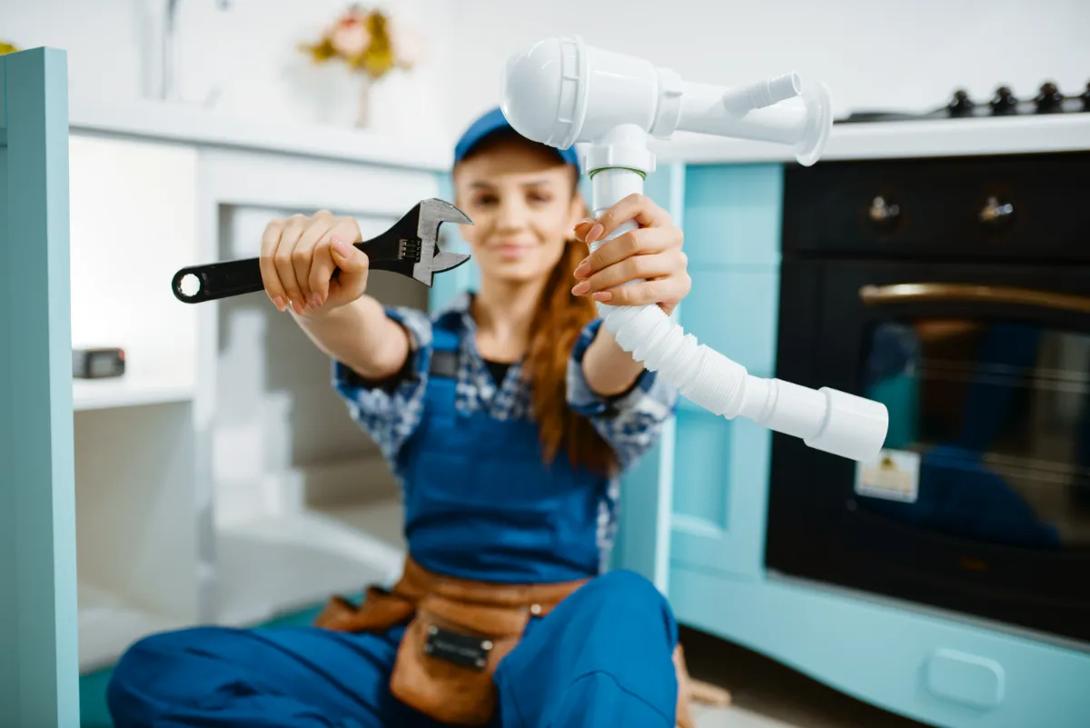 Anna Lis, serwisantka instalacji wod-kan, z kluczem i rurą instalacyjną