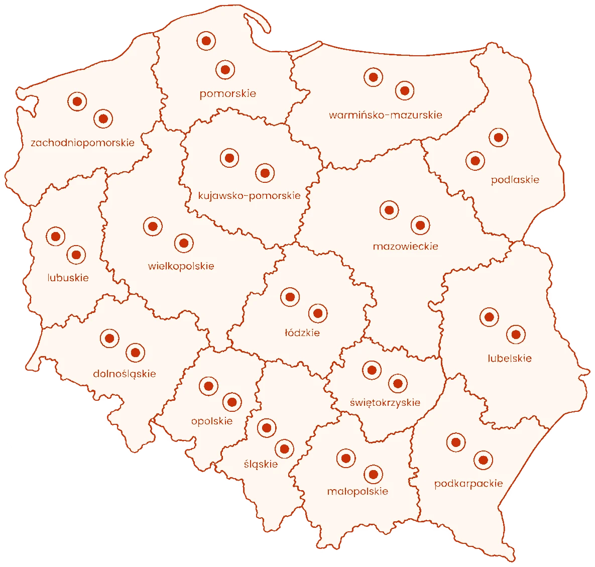 Obszar działania Hydraulik w okolicy - mapa Polski z zaznaczonymi oddziałami w 16 województwach