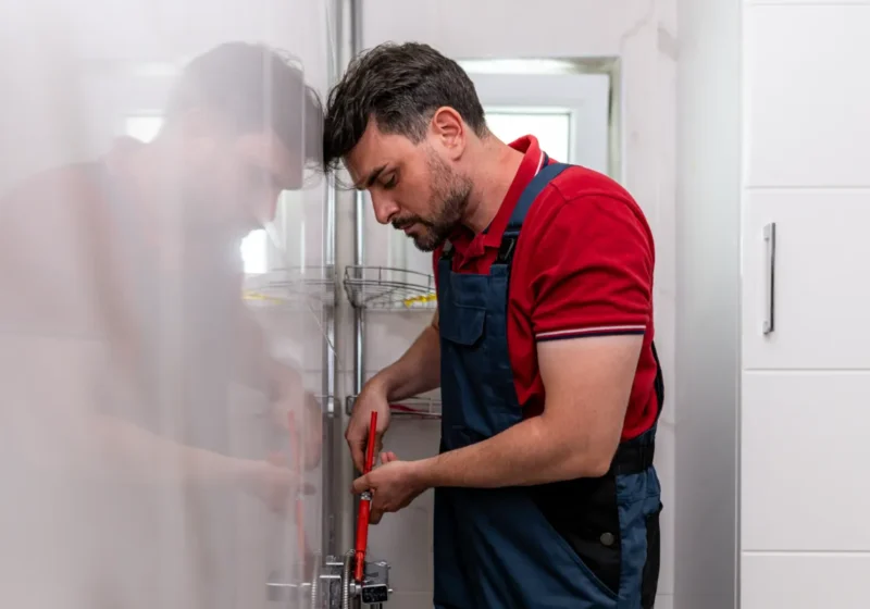 Serwisant naprawia rozszczelnioną instalację w łazience