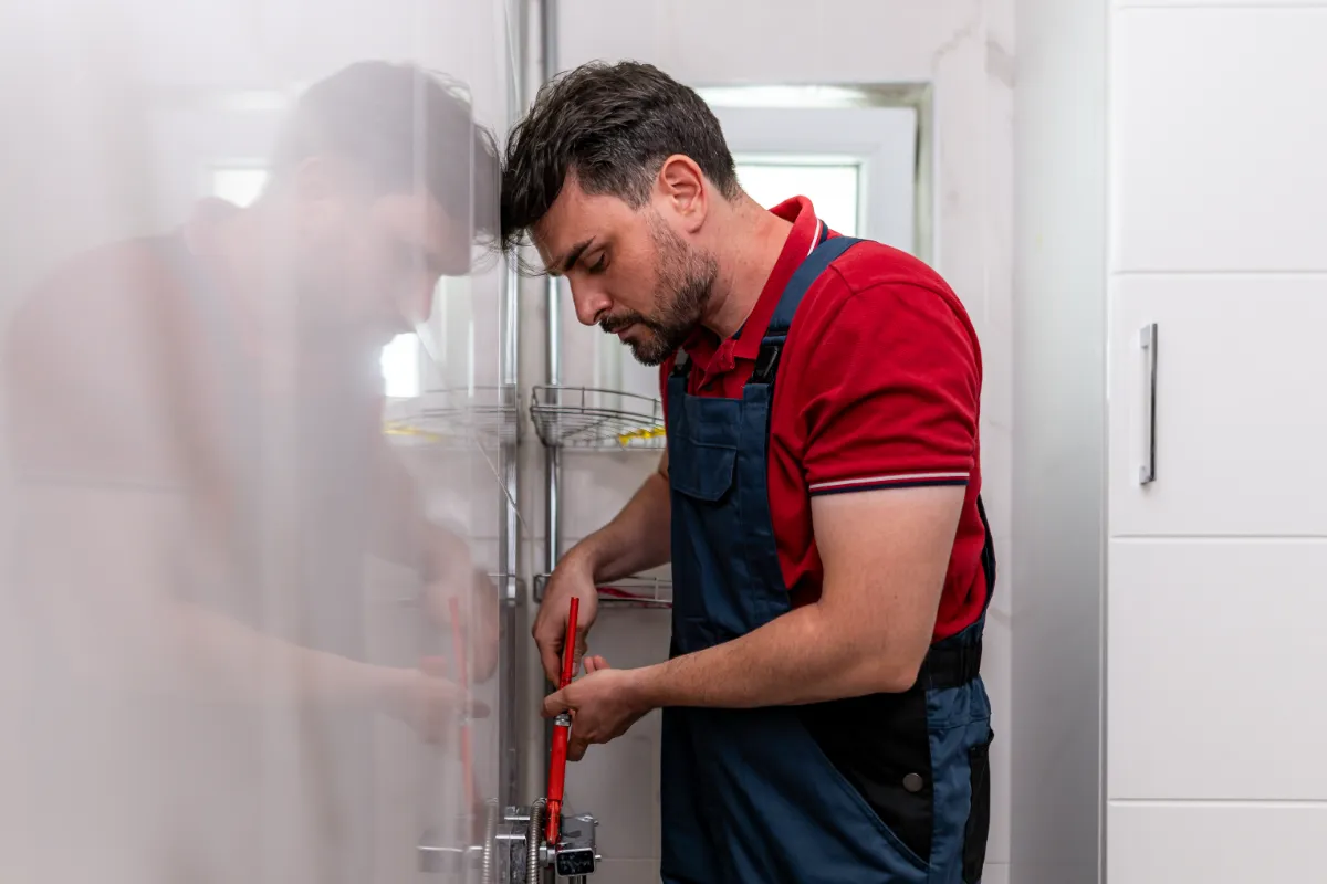 Serwisant naprawia rozszczelnioną instalację w łazience